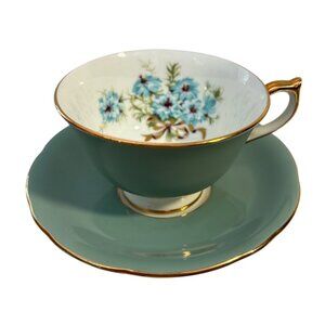 Aynsley Tea Cup & Saucer Green w/ Blue Floral Design Gold Trim England Vtg